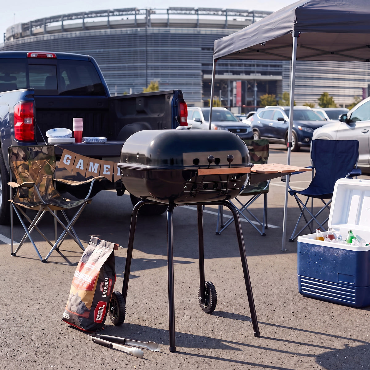 Americana The Swinger Portable Charcoal BBQ Grill w/ One Side Table, Black - VMInnovations