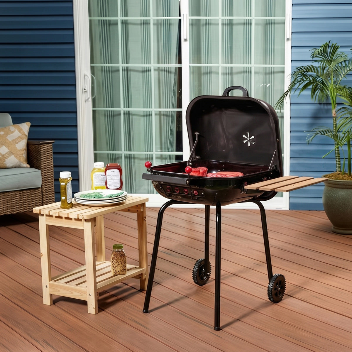 Americana The Swinger Portable Charcoal BBQ Grill w/ One Side Table, Black - VMInnovations