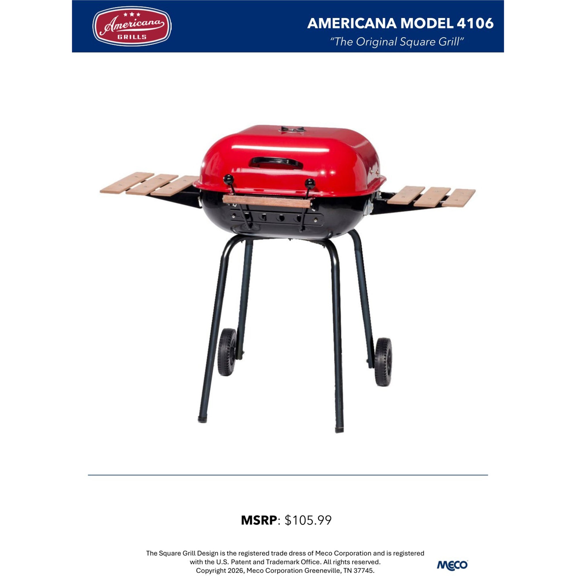 Americana The Swinger Portable Charcoal BBQ Grill with Two Side Tables, Red