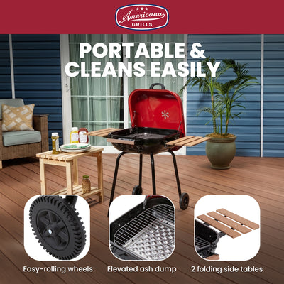 Americana The Swinger Portable Charcoal BBQ Grill with Two Side Tables, Red - VMInnovations