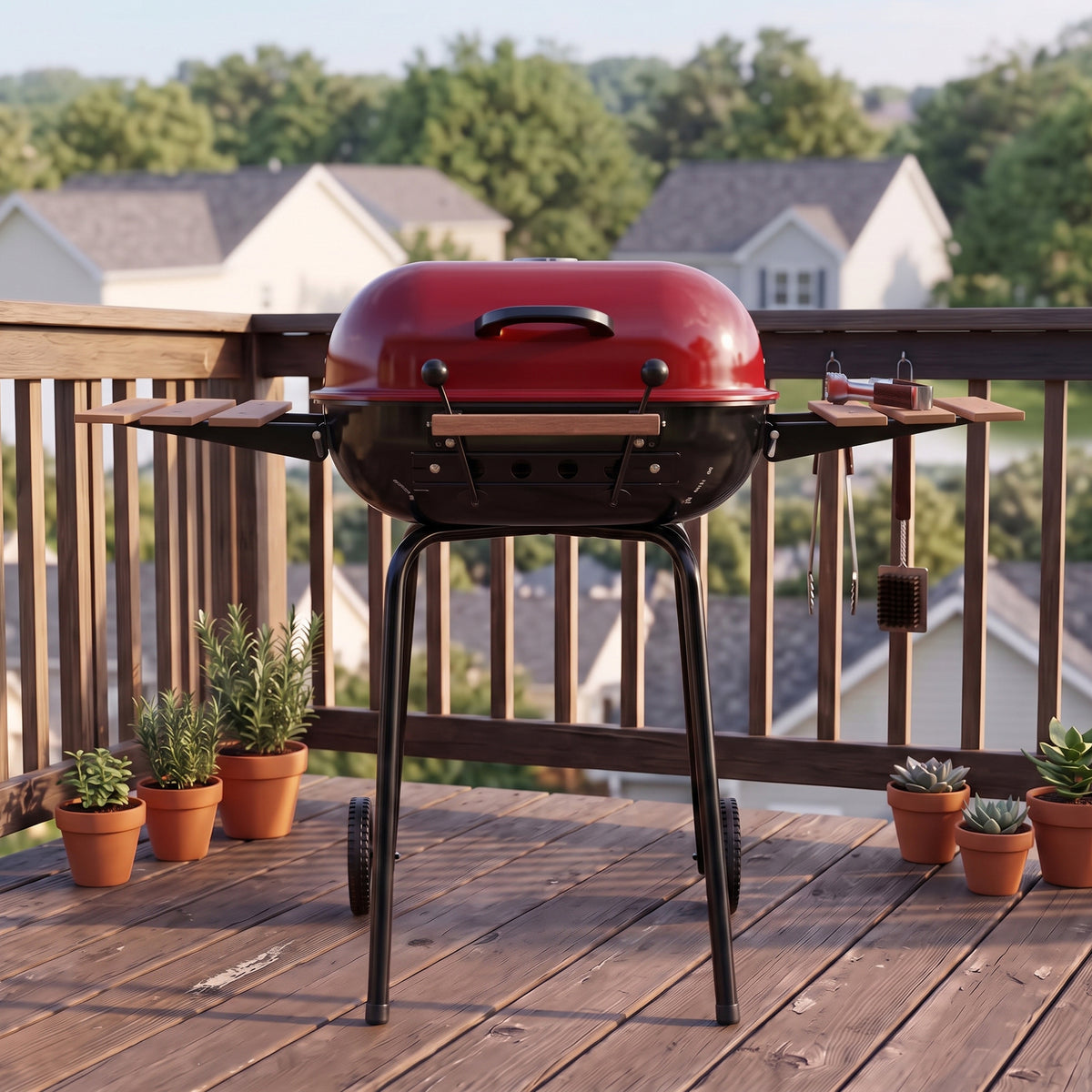 Americana The Swinger Portable Charcoal BBQ Grill with Two Side Tables, Red - VMInnovations