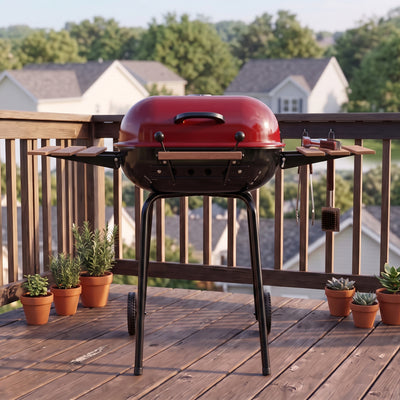 Americana The Swinger Portable Charcoal BBQ Grill with Two Side Tables, Red - VMInnovations