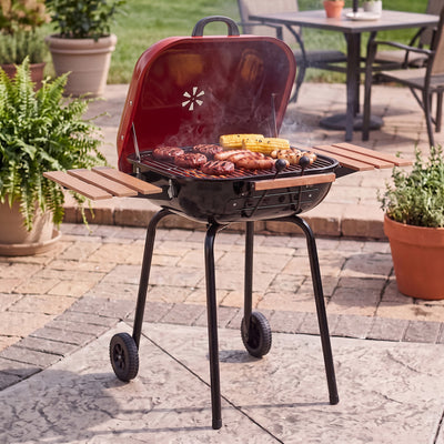 Americana The Swinger Portable Charcoal BBQ Grill with Two Side Tables, Red - VMInnovations