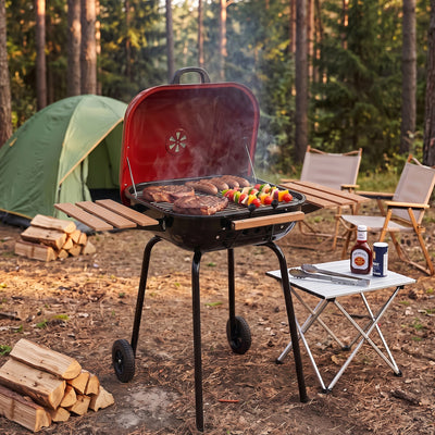 Americana The Swinger Portable Charcoal BBQ Grill with Two Side Tables, Red - VMInnovations