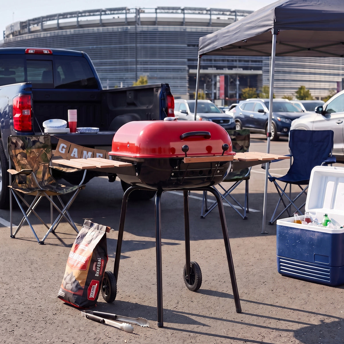 Americana The Swinger Portable Charcoal BBQ Grill with Two Side Tables, Red - VMInnovations