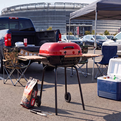 Americana The Swinger Portable Charcoal BBQ Grill with Two Side Tables, Red - VMInnovations