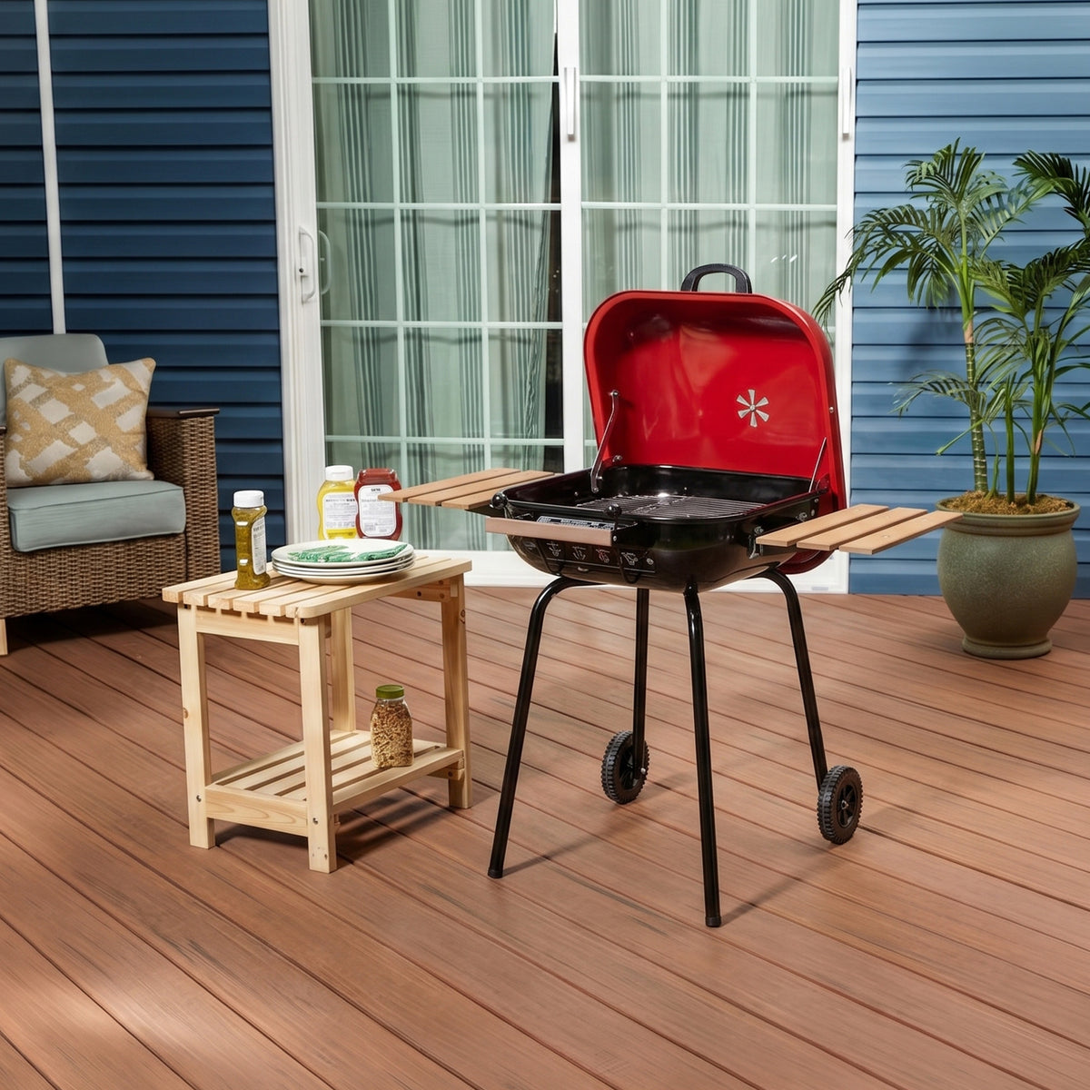 Americana The Swinger Portable Charcoal BBQ Grill with Two Side Tables, Red - VMInnovations