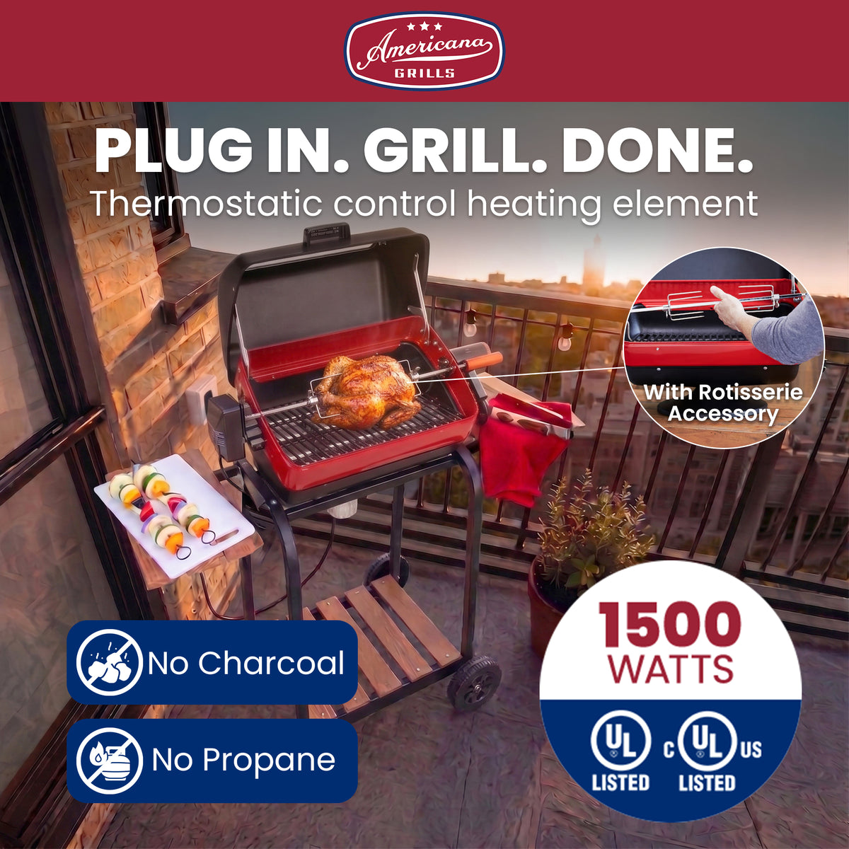 Americana 3-Zone Electric Tabletop BBQ Grill with Cart, Side Tables & Shelf - VMInnovations