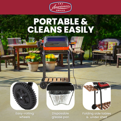 Americana 3-Zone Electric Tabletop BBQ Grill with Cart, Side Tables & Shelf - VMInnovations