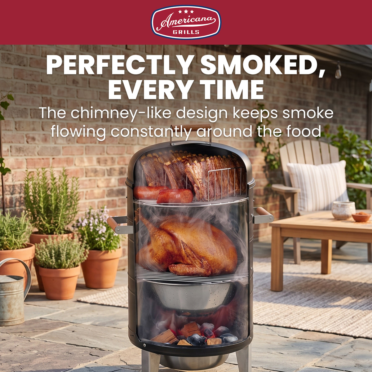 Americana Charcoal Water Smoker, Vertical Outdoor BBQ, 351 sq in, Black - VMInnovations