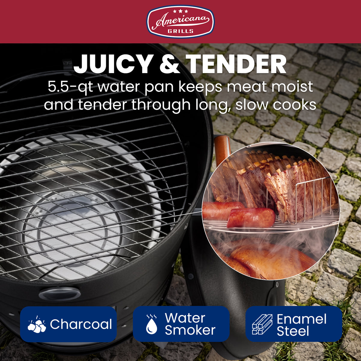 Americana Charcoal Water Smoker, Vertical Outdoor BBQ, 351 sq in, Black - VMInnovations