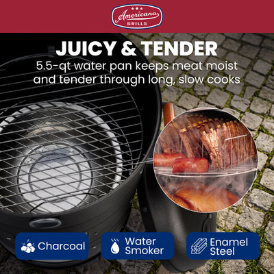 Americana Charcoal Water Smoker, Vertical Outdoor BBQ, 351 sq in, Black - VMInnovations