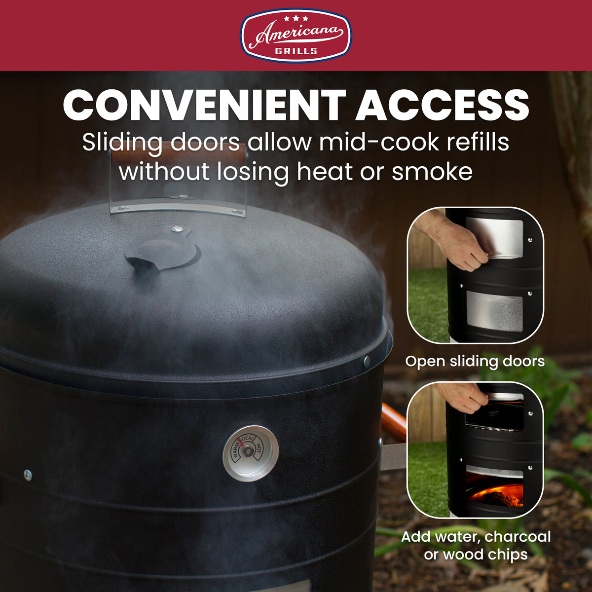 Americana Charcoal Water Smoker, Vertical Outdoor BBQ, 351 sq in, Black - VMInnovations