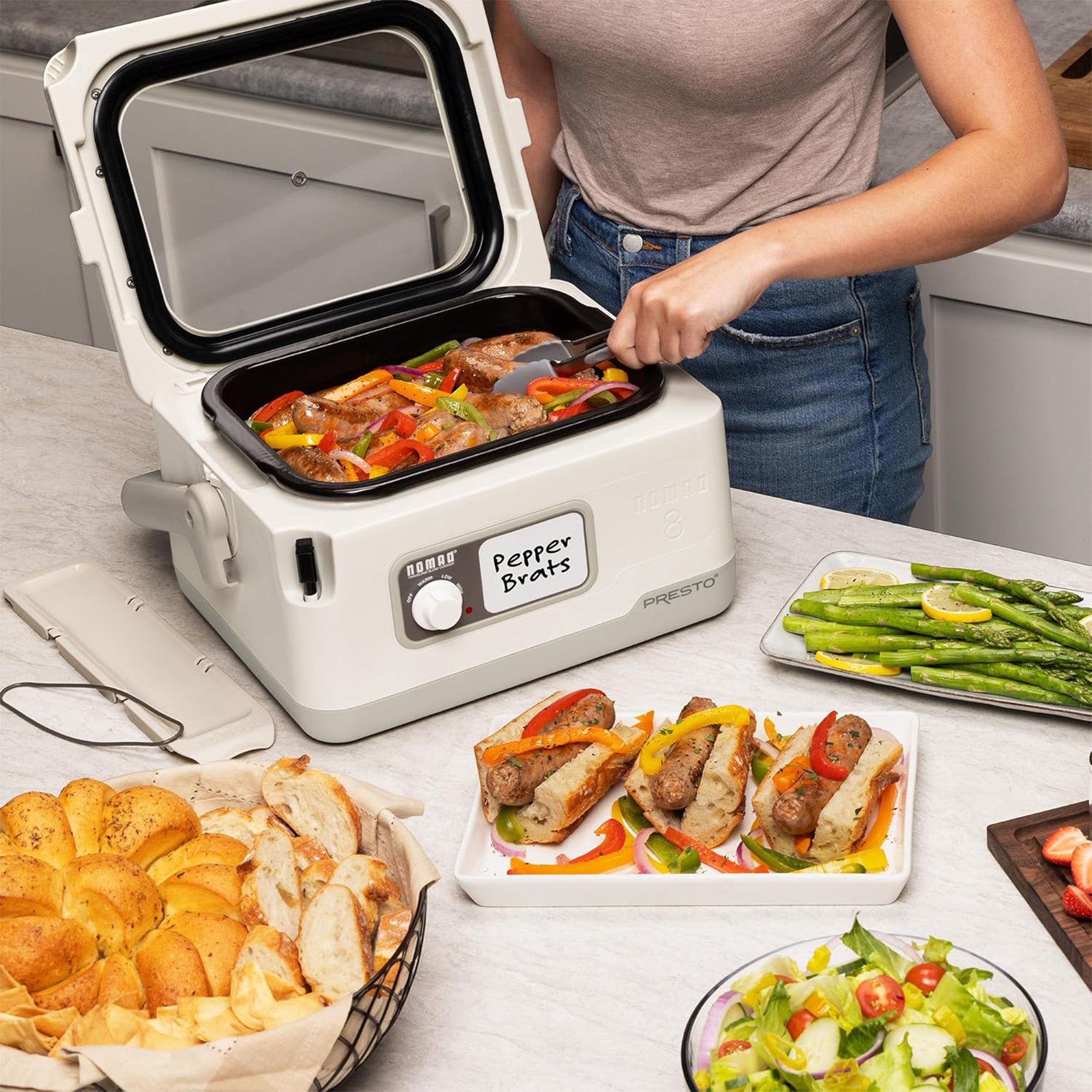 Presto 06030 8 Quart Nomad Portable Electric Slow Cooker with Locking Lid, White