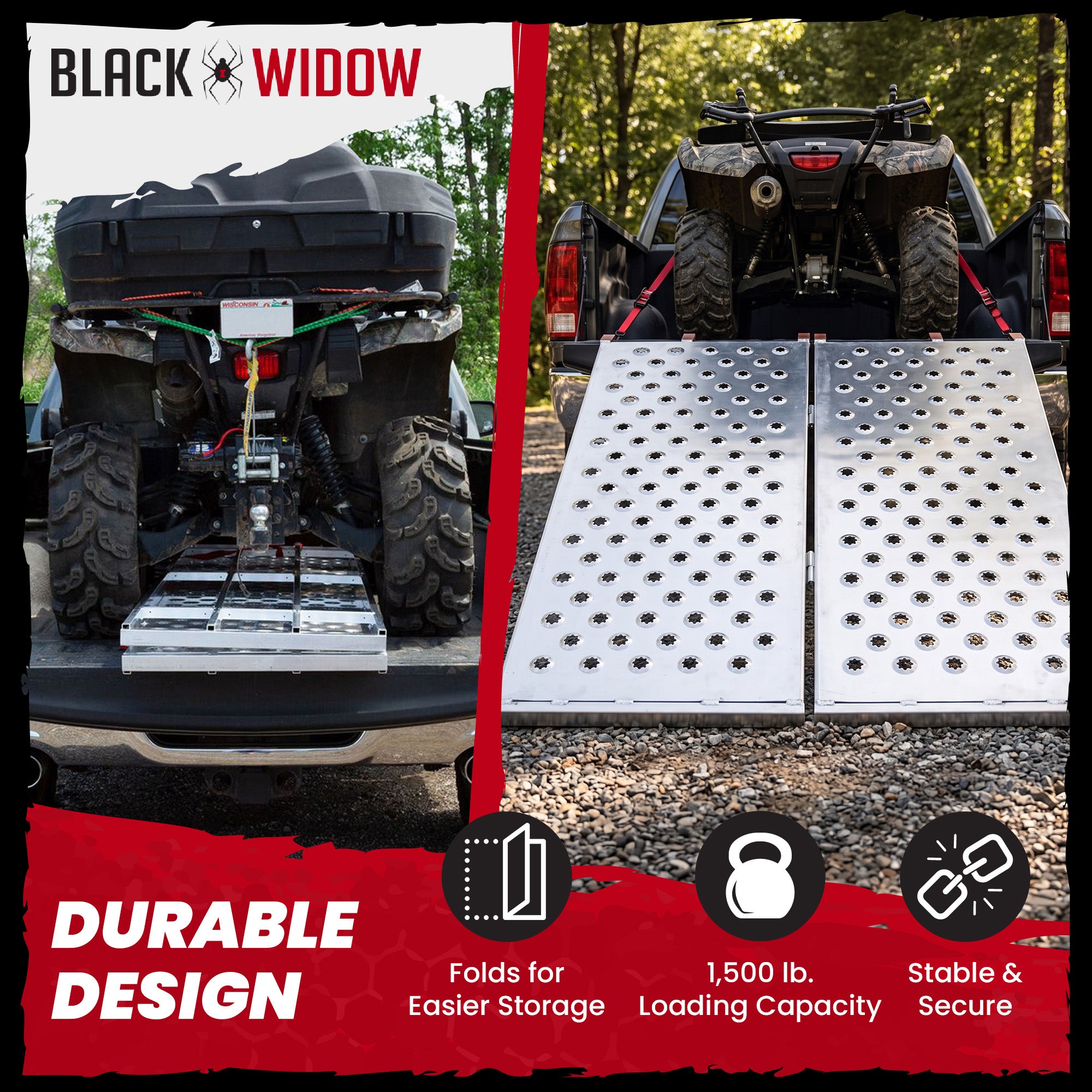 Black Widow 61.25" x 44" Aluminum Folding ATV Ramp, 1500 Lb Truck Loading Ramp - VMInnovations