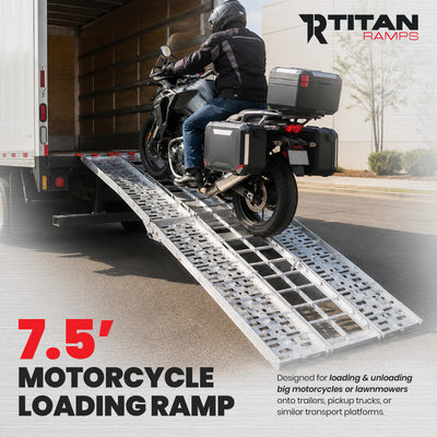 Titan Ramps 7.5 Ft Solid Plate Motorcycle Loading Ramp, 1,000Lb Capacity, Silver - VMInnovations