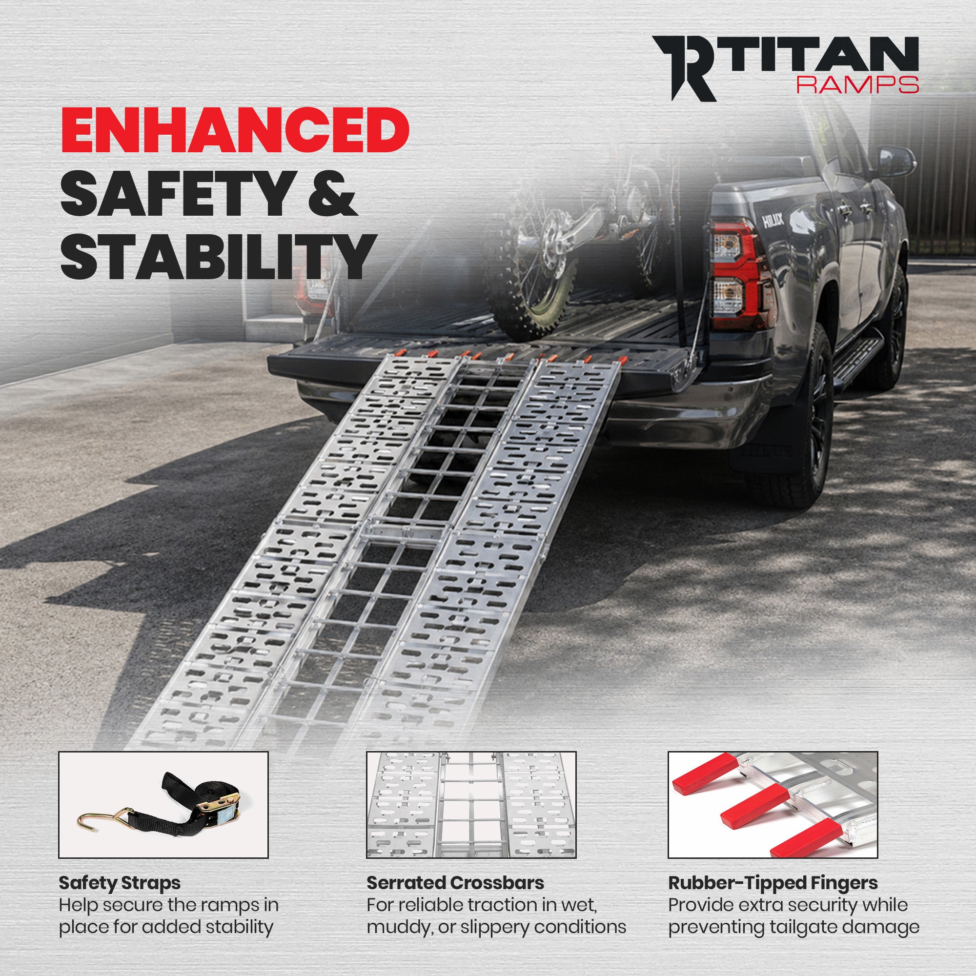 Titan Ramps 7.5 Ft Solid Plate Motorcycle Loading Ramp, 1,000Lb Capacity, Silver - VMInnovations