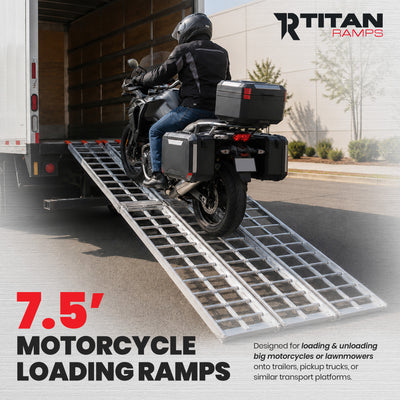 Titan Ramps 7.5 Ft Aluminum Motorcycle Loading Ramp, 1,000 Lb Capacity, Silver - VMInnovations