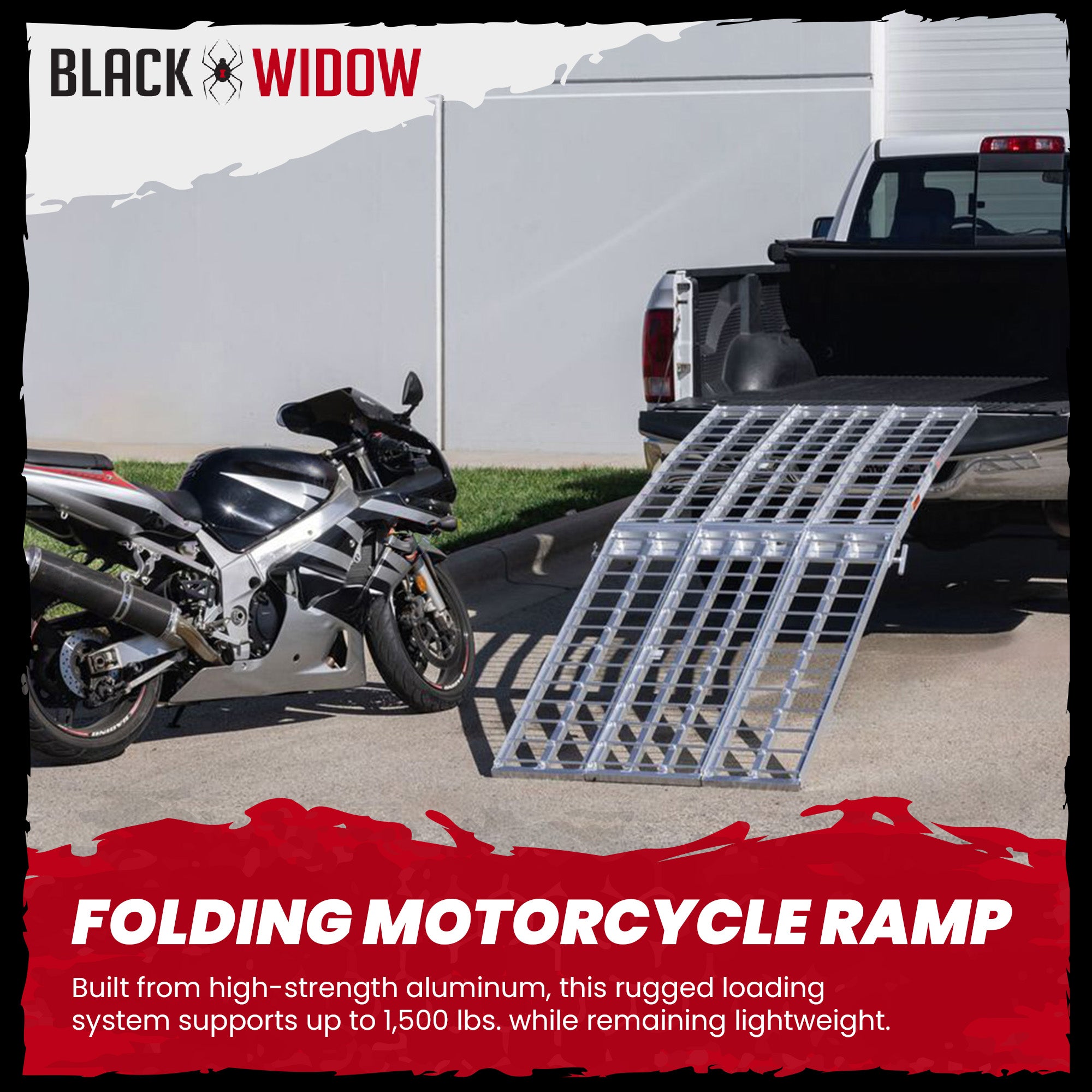 Black Widow 9' Aluminum Folding Motorcycle Ramp, 1500 Lb Ride-Up Loading Ramps - VMInnovations