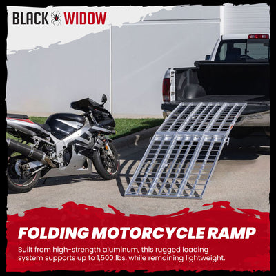 Black Widow 9' Aluminum Folding Motorcycle Ramp, 1500 Lb Ride-Up Loading Ramps - VMInnovations