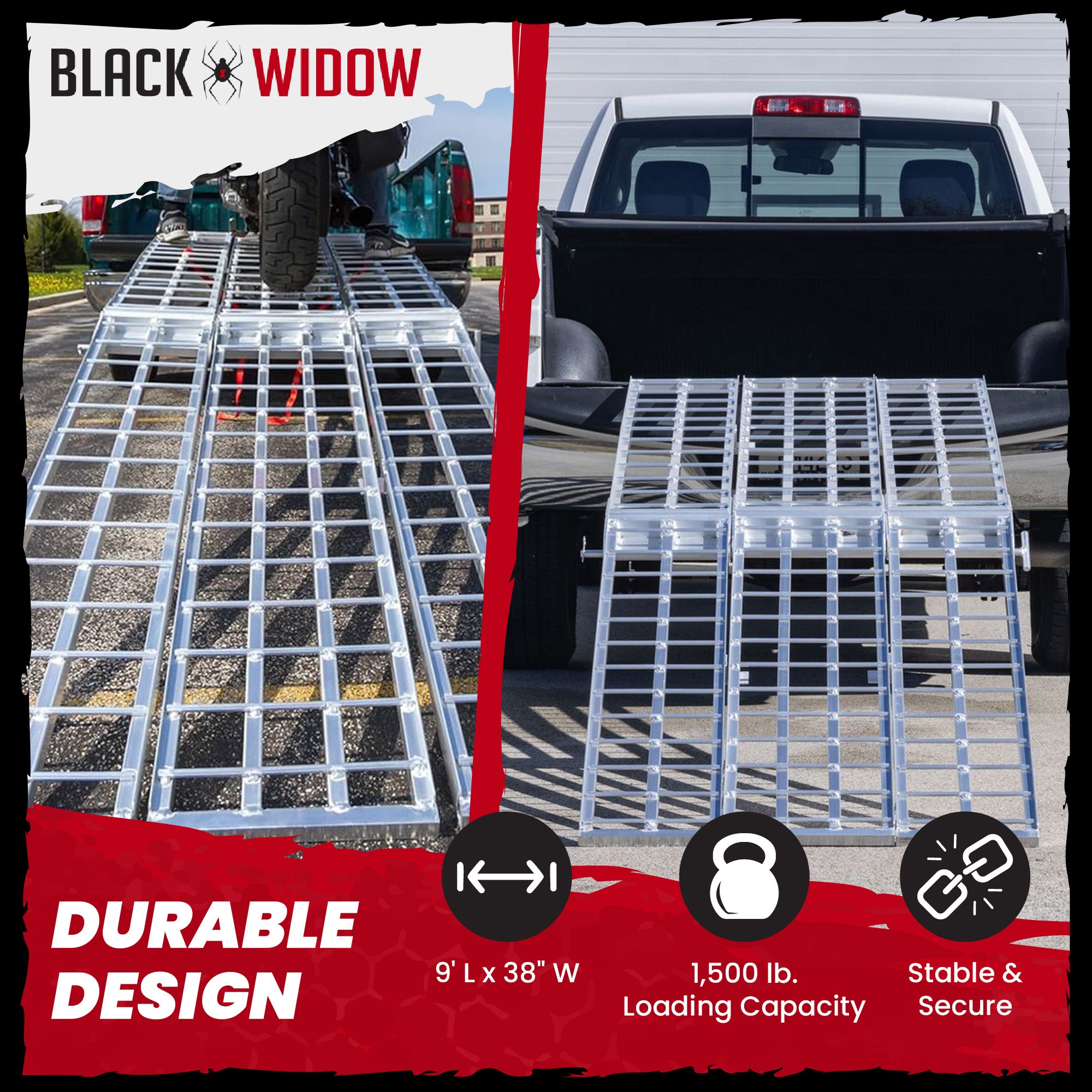 Black Widow 9' Aluminum Folding Motorcycle Ramp, 1500 Lb Ride-Up Loading Ramps - VMInnovations