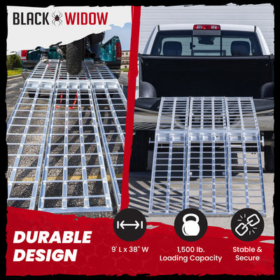Black Widow 9' Aluminum Folding Motorcycle Ramp, 1500 Lb Ride-Up Loading Ramps - VMInnovations