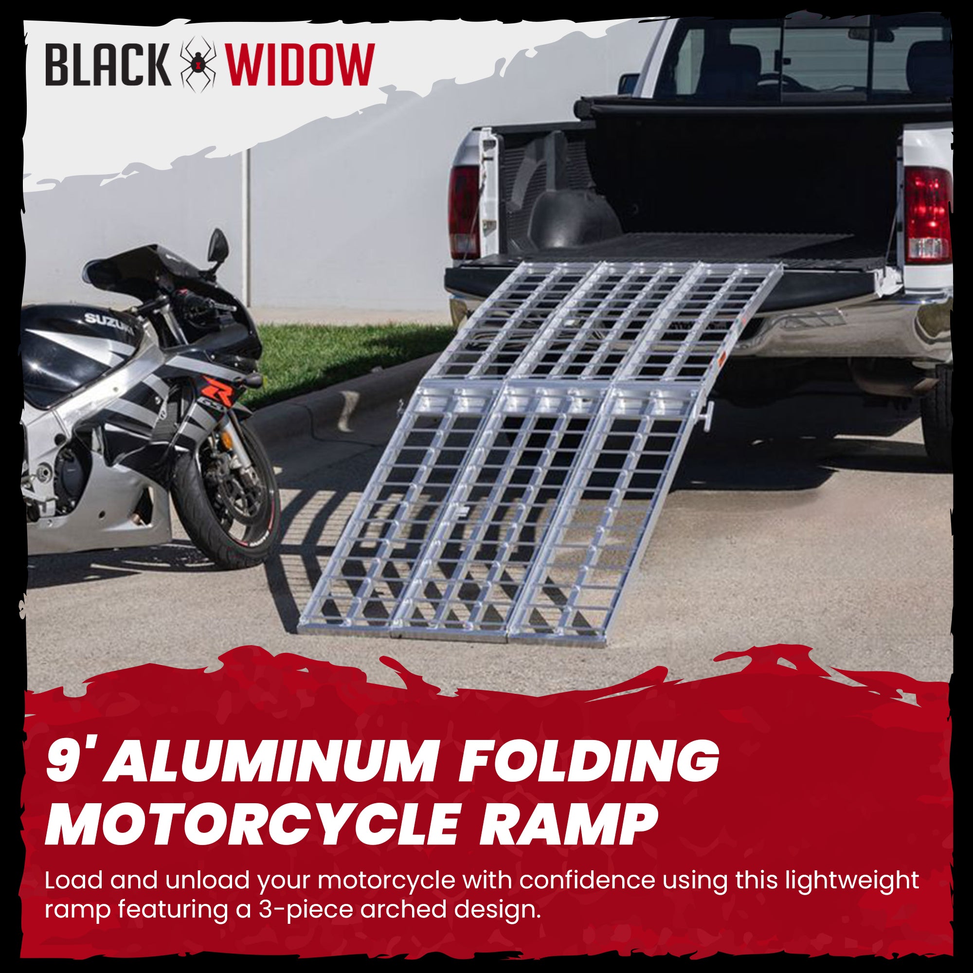 Black Widow 9' Aluminum Folding Motorcycle Ramp, 1500Lb Ride-Up Ramps (Open Box)