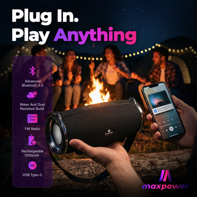 Max Power MPD189 Cyclone Rechargeable Bluetooth Speaker with Carry Strap, Black - VMInnovations