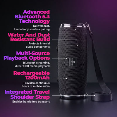 Max Power MPD189 Cyclone Rechargeable Bluetooth Speaker with Carry Strap, Black - VMInnovations