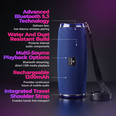 Max Power MPD189 Cyclone Rechargeable Bluetooth Speaker with Carry Strap, Blue - VMInnovations