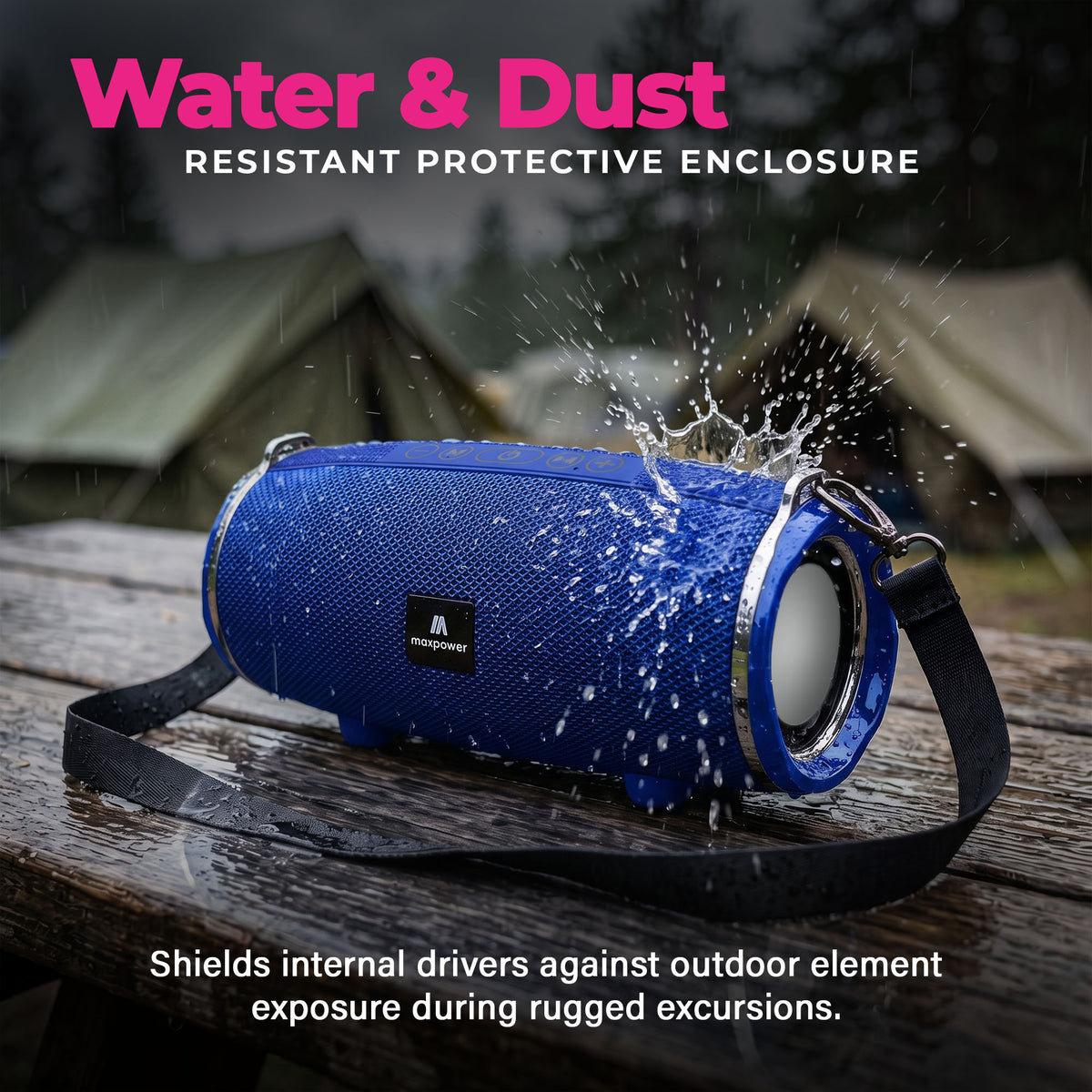 Max Power MPD189 Cyclone Rechargeable Bluetooth Speaker with Carry Strap, Blue - VMInnovations
