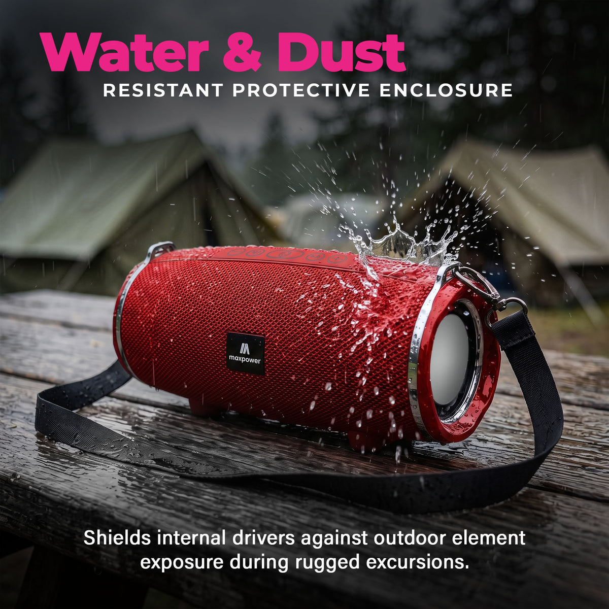 Max Power MPD189 Cyclone Rechargeable Bluetooth Speaker with Carry Strap, Red - VMInnovations
