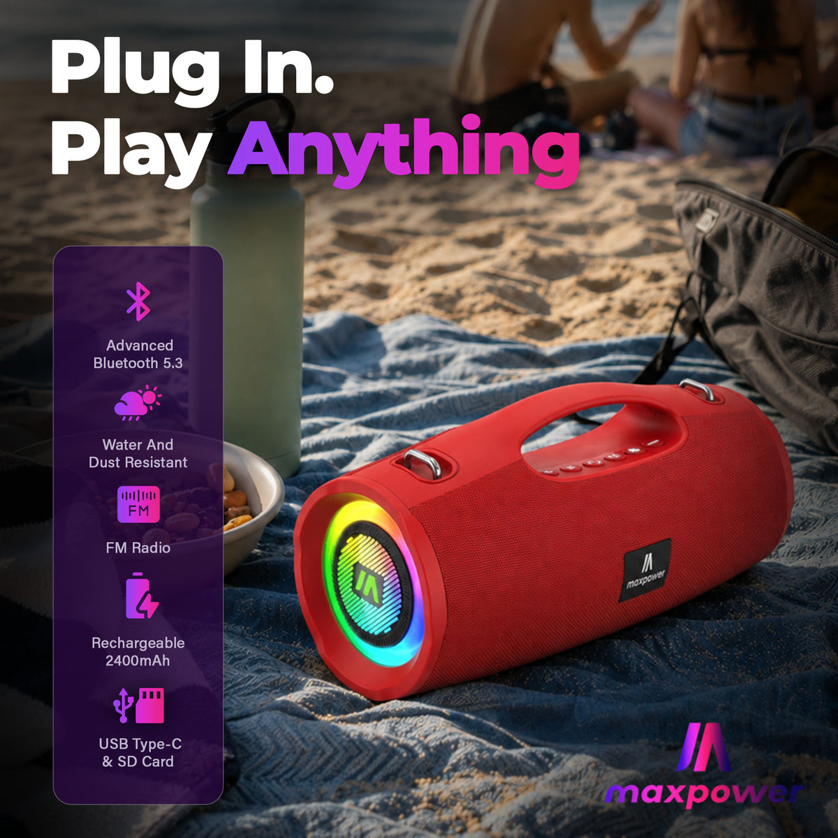 Max Power MPD437 Ultra Pro M2 Portable and Rechargeable Bluetooth Speaker, Red - VMInnovations