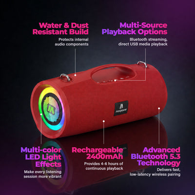 Max Power MPD437 Ultra Pro M2 Portable and Rechargeable Bluetooth Speaker, Red - VMInnovations