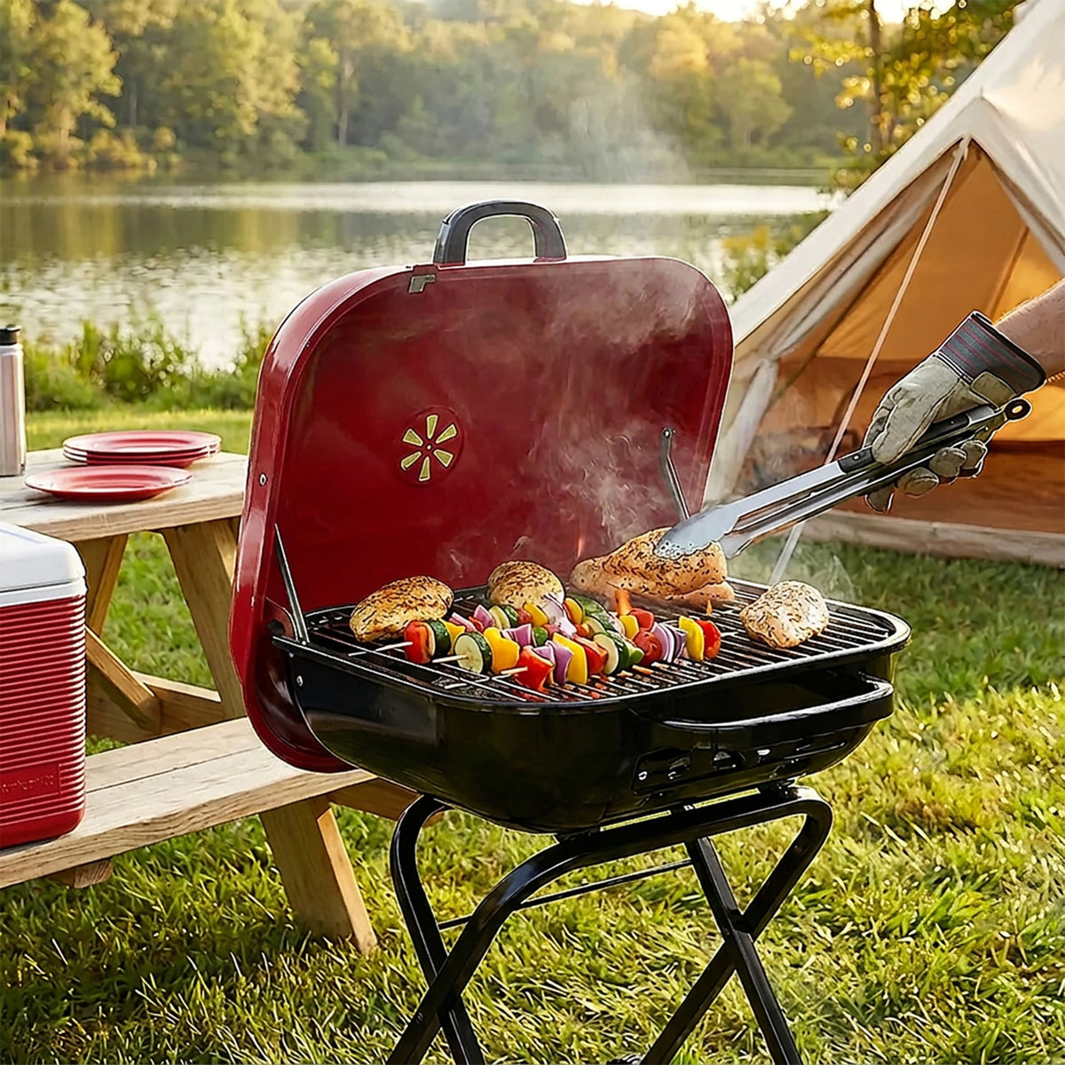 Americana Walk-A-Bout 4250 Series Portable Charcoal Grill, Preassembled, Red - VMInnovations
