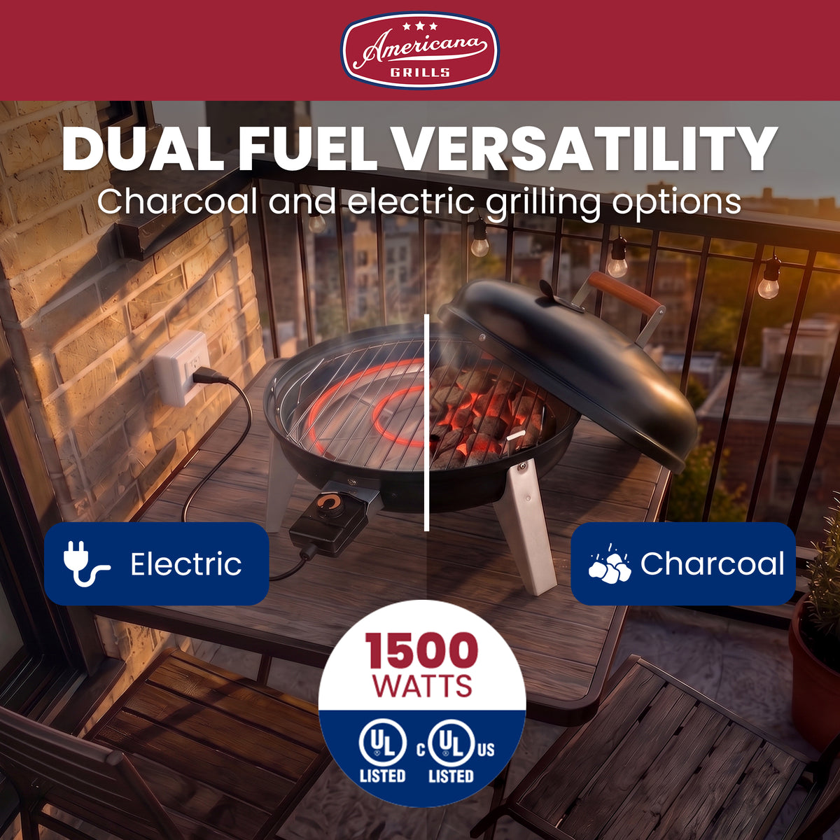 Americana Wherever Grill Dual-Fuel Portable Electric & Charcoal BBQ Grill, Black