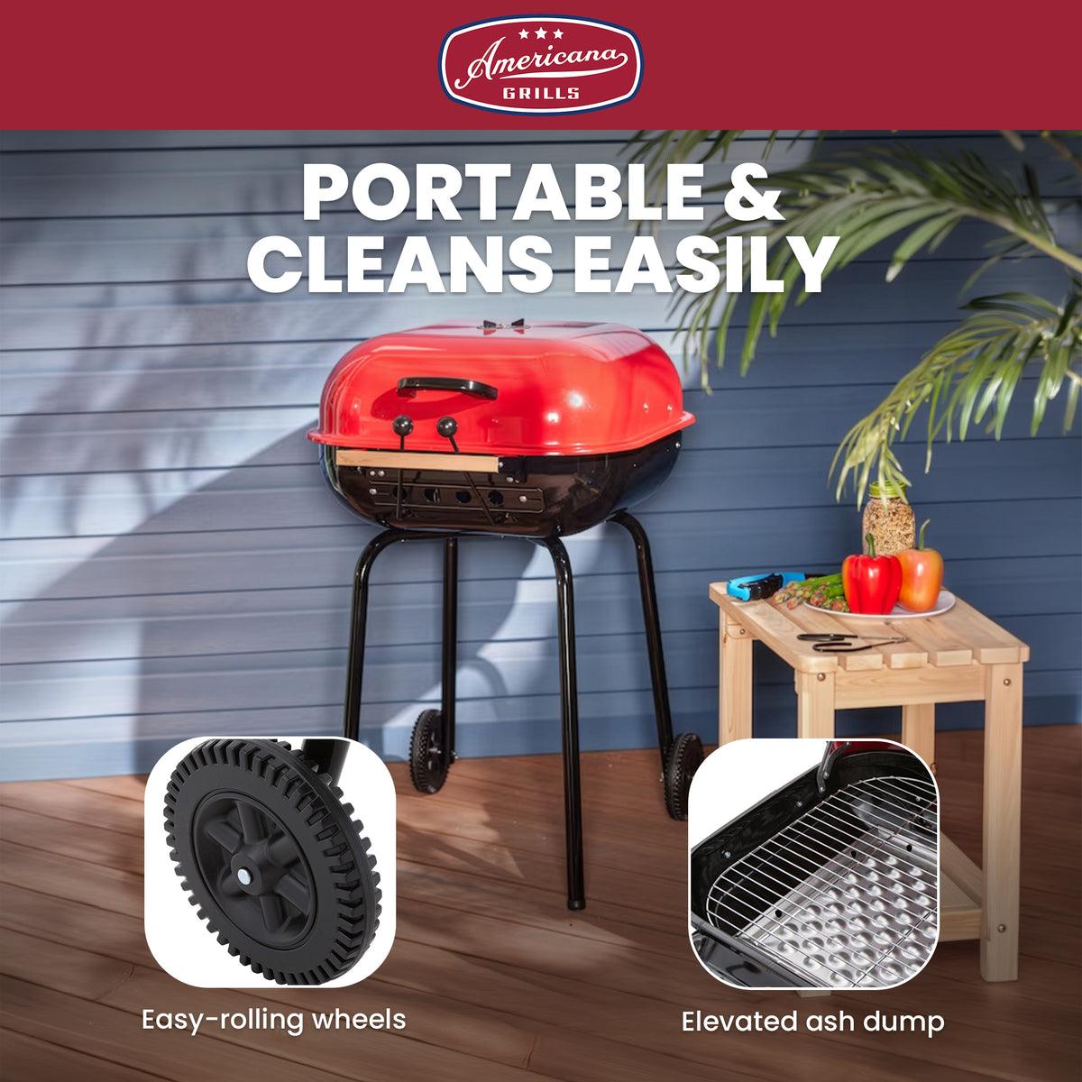 Americana The Swinger Portable Charcoal Grill, Outdoor BBQ with Wheels, Red - VMInnovations