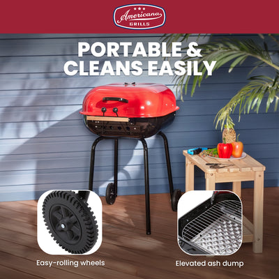 Americana The Swinger Portable Charcoal Grill, Outdoor BBQ with Wheels, Red - VMInnovations