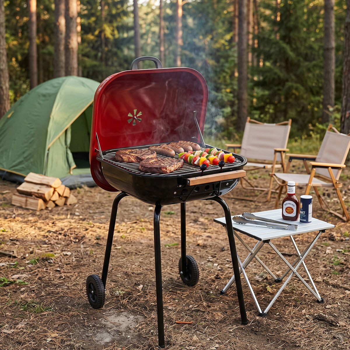 Americana The Swinger Portable Charcoal Grill, Outdoor BBQ with Wheels, Red - VMInnovations