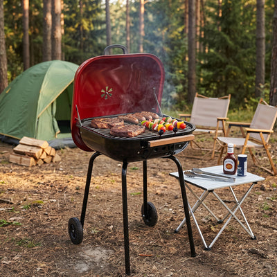 Americana The Swinger Portable Charcoal Grill, Outdoor BBQ with Wheels, Red - VMInnovations