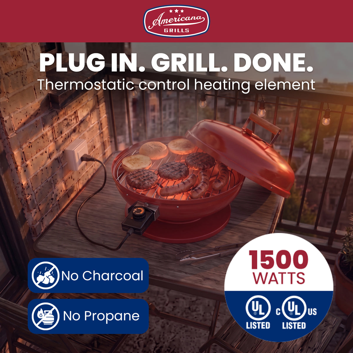 Americana Grills Lock N' Go Electric Grill for Outdoor Cooking, Red (Open Box)