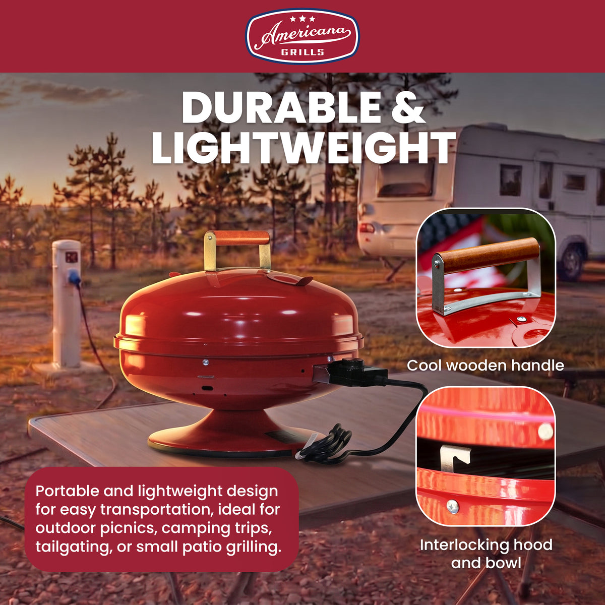 Americana Grills Lock N' Go Electric Grill for Outdoor Cooking, Red (Open Box)