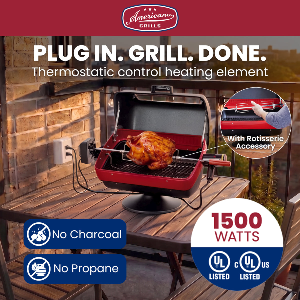 Americana 3-Zone Electric Tabletop BBQ Grill, Rotisserie-Ready with Window - VMInnovations