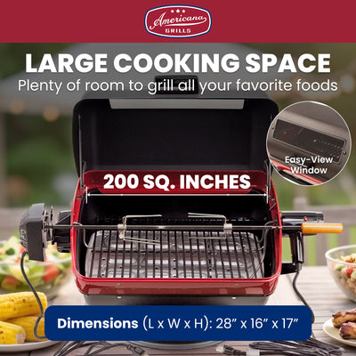 Americana 3-Zone Electric Tabletop BBQ Grill, Rotisserie-Ready with Window - VMInnovations