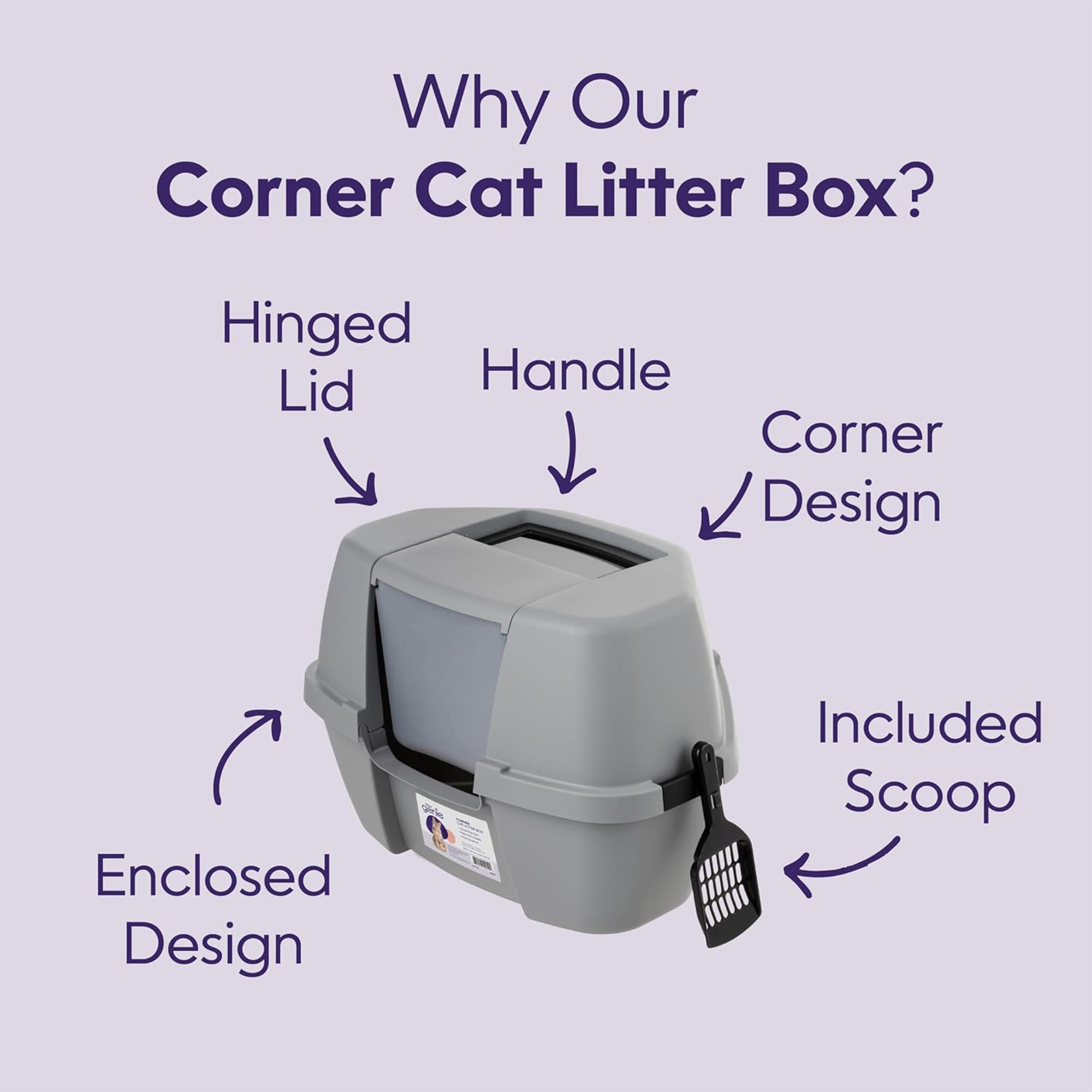 Litter Genie Covered Corner Cat Litter Box w/ Front Door Flap, Scoop w/ Handles - VMInnovations