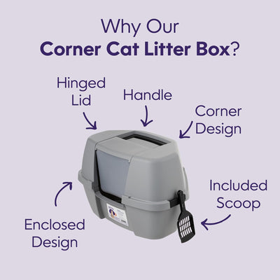 Litter Genie Covered Corner Cat Litter Box w/ Front Door Flap, Scoop w/ Handles - VMInnovations