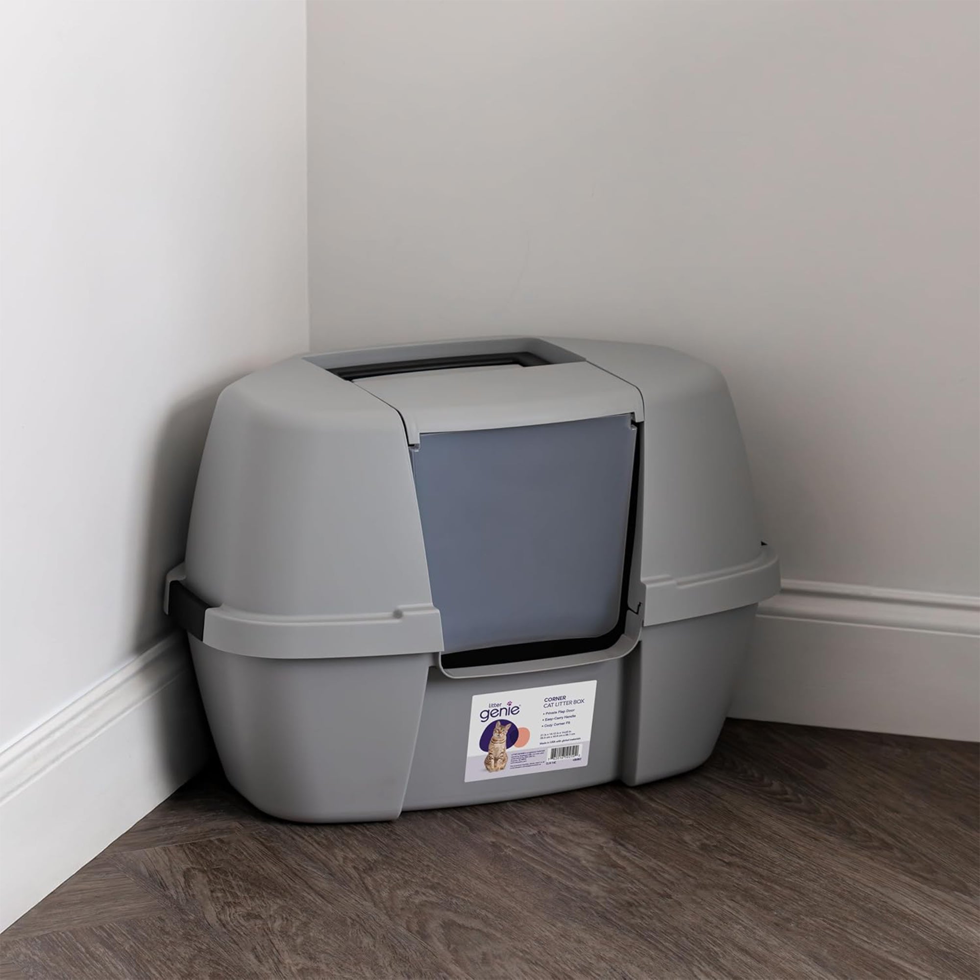 Litter Genie Covered Corner Cat Litter Box w/ Front Door Flap, Scoop w/ Handles - VMInnovations