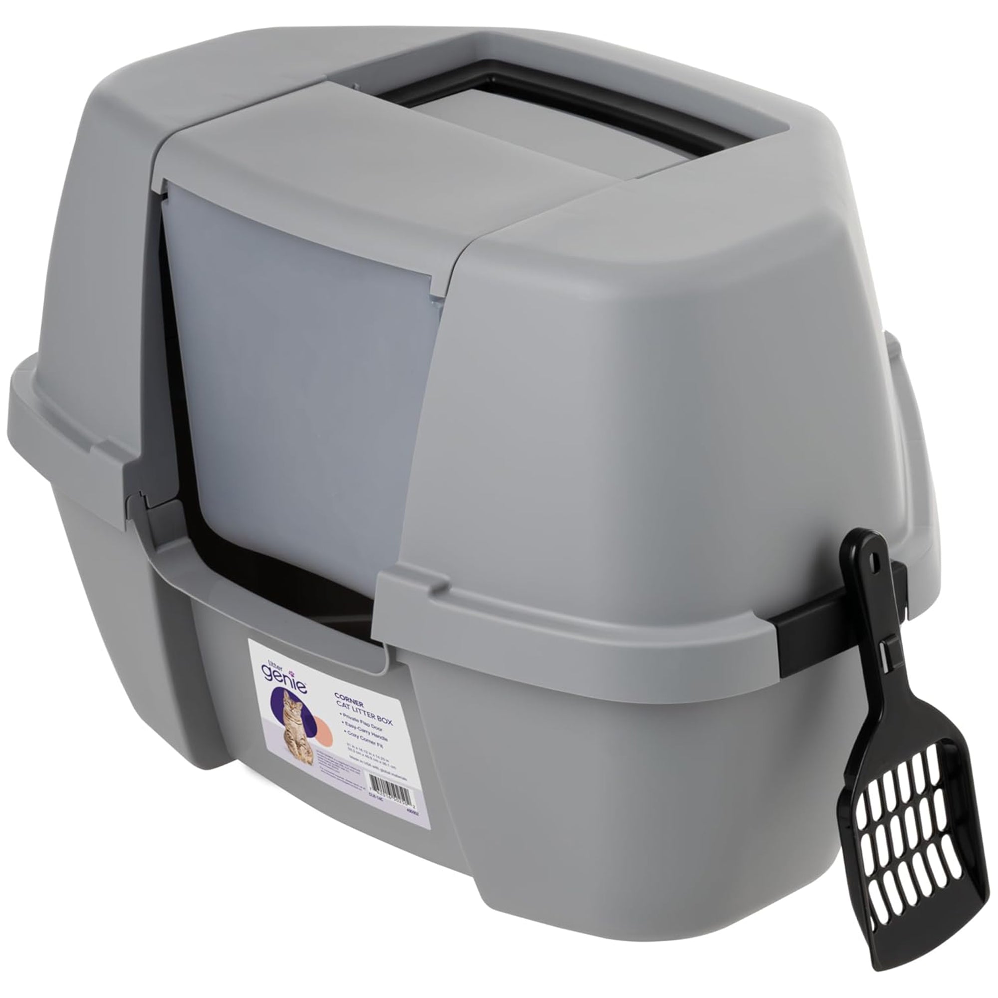 Litter Genie Covered Corner Cat Litter Box w/ Front Door Flap, Scoop w/ Handles - VMInnovations