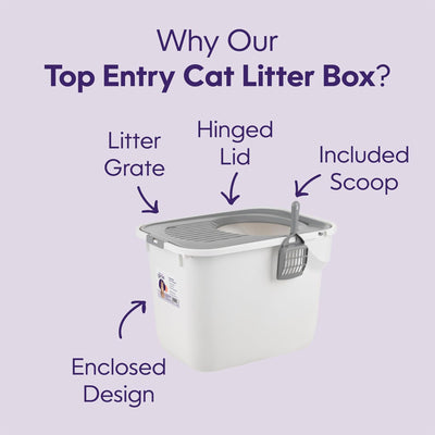 Litter Genie Large Cat Litter Box, Top Entry w/ Catching Lid & Scoop, White/Gray - VMInnovations