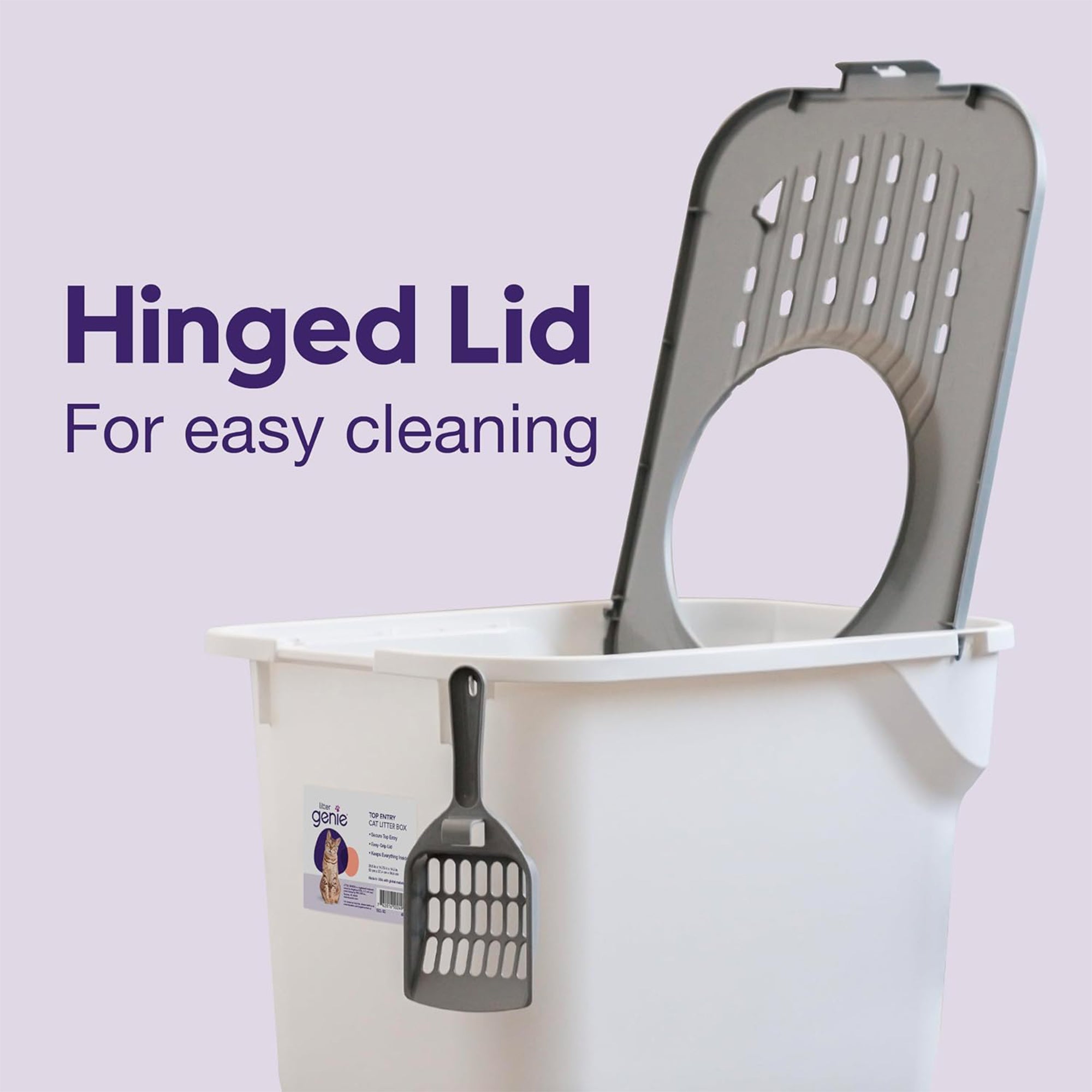Litter Genie Large Cat Litter Box, Top Entry w/ Catching Lid & Scoop, White/Gray - VMInnovations